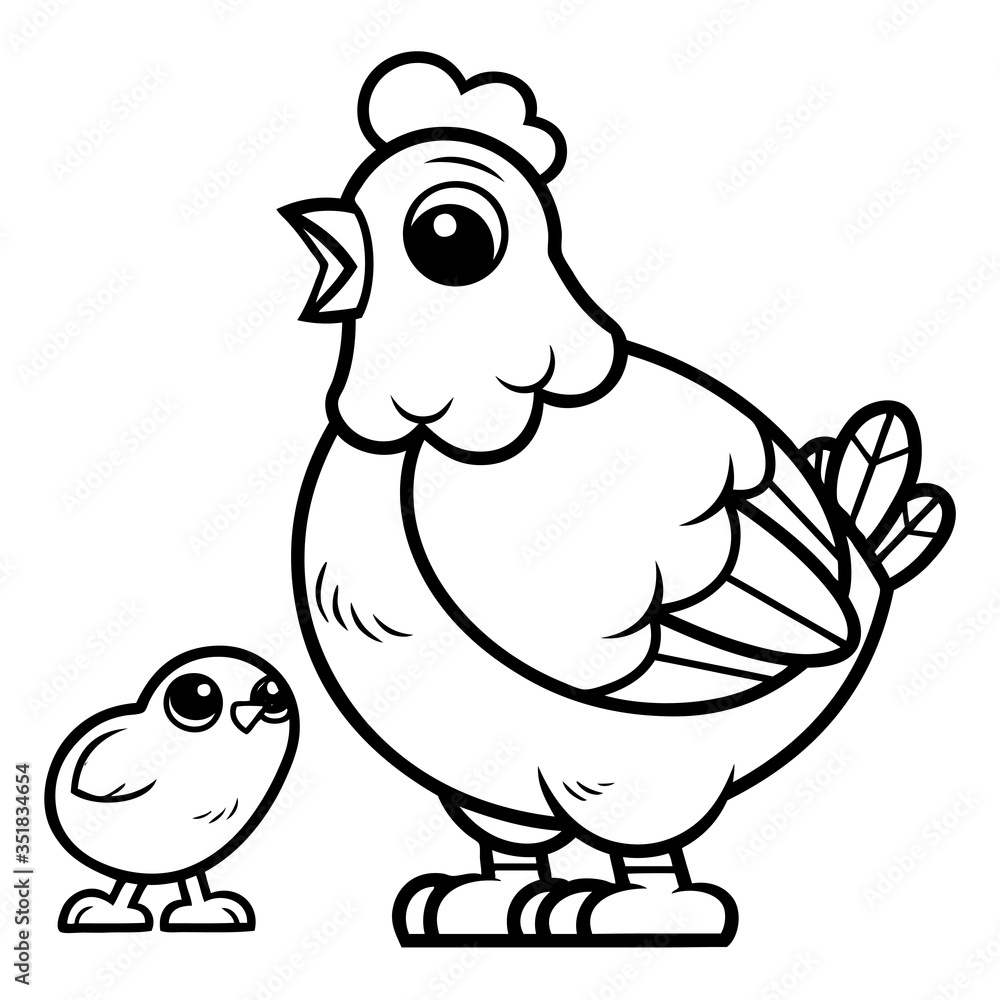 Hen and chick vector cartoon. Coloring book for kids