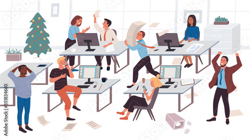 The concept of workflow disorganization. Chaos in the office. The chief yells at his subordinates. Conflict of colleagues at work. Procrastination. Deadline Situation. Flat Cartoon Vector Illustration