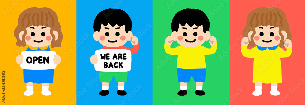 Kids with unprotection mask flat vector illustrations set. Group of children wearing medical masks to prevent disease, flu, air pollution, contaminated air, world pollution holding a reopening banner. Kids with unprotection mask flat vector illustrations set. Group of children wearing medical masks to prevent disease, flu, air pollution, contaminated air, world pollution holding a reopening banner.