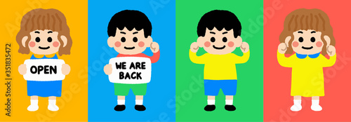 Kids with unprotection mask flat vector illustrations set. Group of children wearing medical masks to prevent disease, flu, air pollution, contaminated air, world pollution holding a reopening banner.