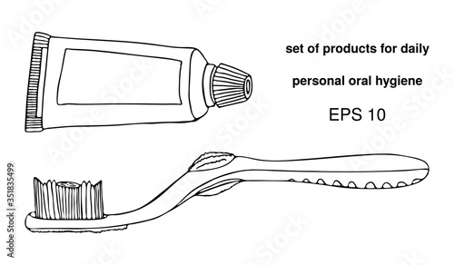 Set products items for daily personal oral cavity hygiene. Small tube toothpaste, manual toothbrush. Individual accessories for brushing teeth. Vector isolated template doodle realistic hand drawing