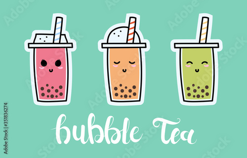 Bubble tea cup set with lettering. Cute Asian boba milk and juice tea icons. Can be used for poster, logo, web, coffee shop banner. Pearl milk tea in hand drawn style. Nai cha drink doodle vector.