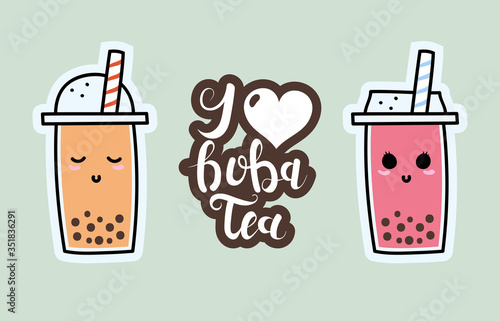 Bubble tea cup set with lettering. Cute Asian boba milk and juice tea icons. Can be used for poster, logo, web, coffee shop banner. Pearl milk tea in hand drawn style. Nai cha drink doodle vector.