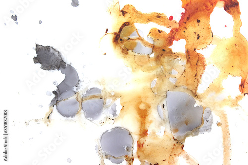 the background is white with gray and brown spots, random paint on a white, transparent background, random spots, ink. watercolor. spots orange and gray