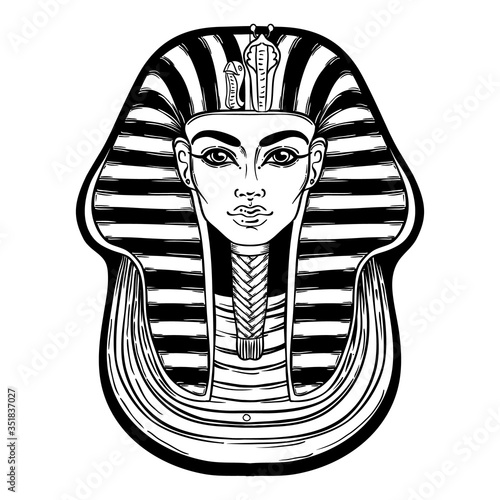 King Tutankhamun mask, ancient Egyptian pharaoh. Hand-drawn vintage vector outline illustration. Tattoo flash, t-shirt or poster design, postcard, coloring book page. Egypt history.