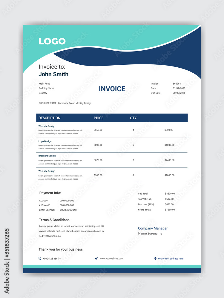 Creative style business invoice design for accountants vector template Creative style business invoice design for accountants vector template