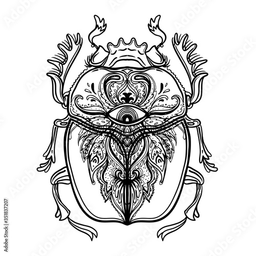 Scarabaeus sacer, Dung beetle. Sacred symbol of in ancient Egypt. Fantasy ornate insects. Isolated vector illustration. Spirituality, occultism, chemistry, occult sun tattoo.