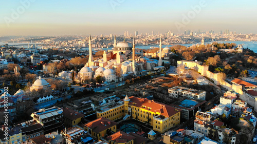 Evening aerial panorama of Istanbul overlooking Hagia Sophia