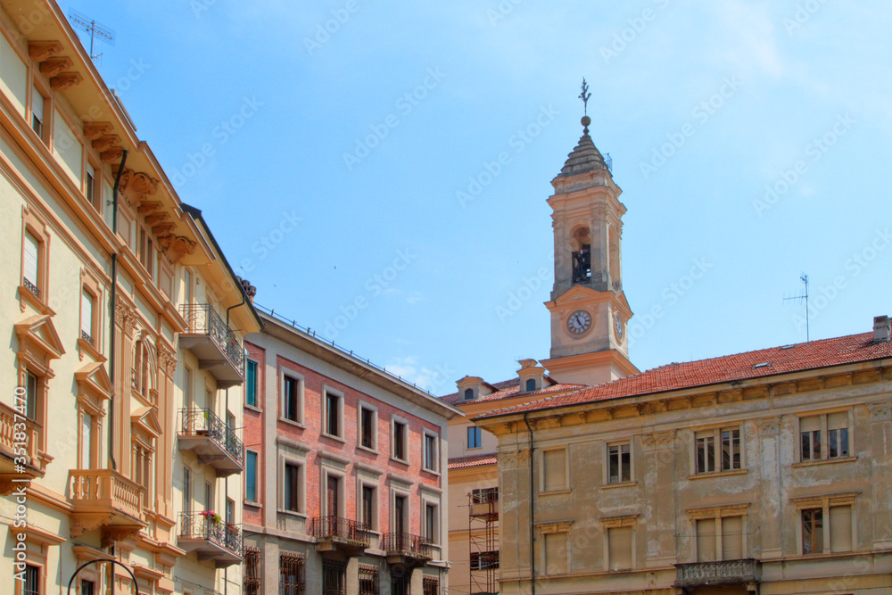colorful buildings and tower in ivrea italy