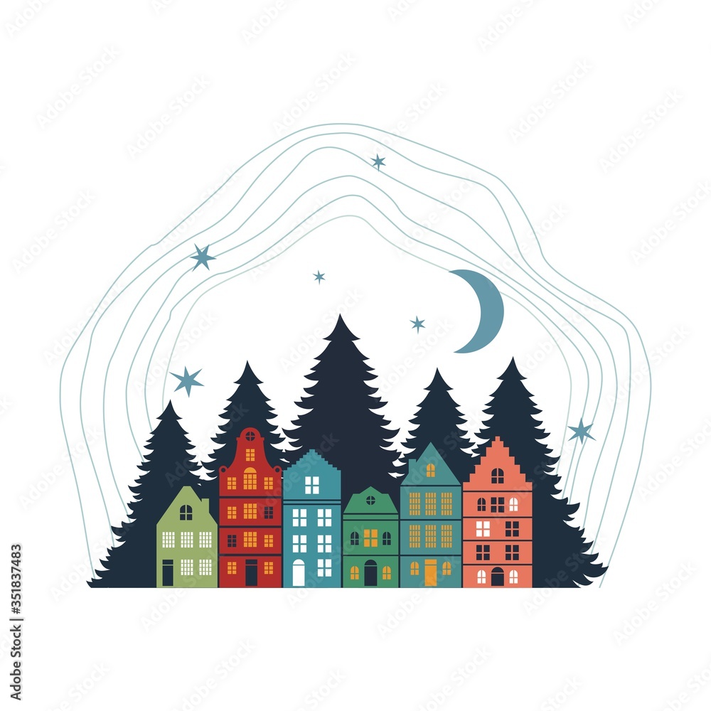 Silhouette of houses on a forest background