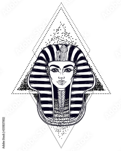 King Tutankhamun mask, ancient Egyptian pharaoh. Hand-drawn vintage vector outline illustration. Tattoo flash, t-shirt or poster design, postcard, coloring book page. Egypt history.