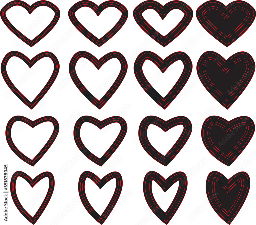 Set icon heart of different shapes in black red. Flat infographics. Vector illustration. Set icon heart of different shapes in black red. Flat infographics. Vector illustration.