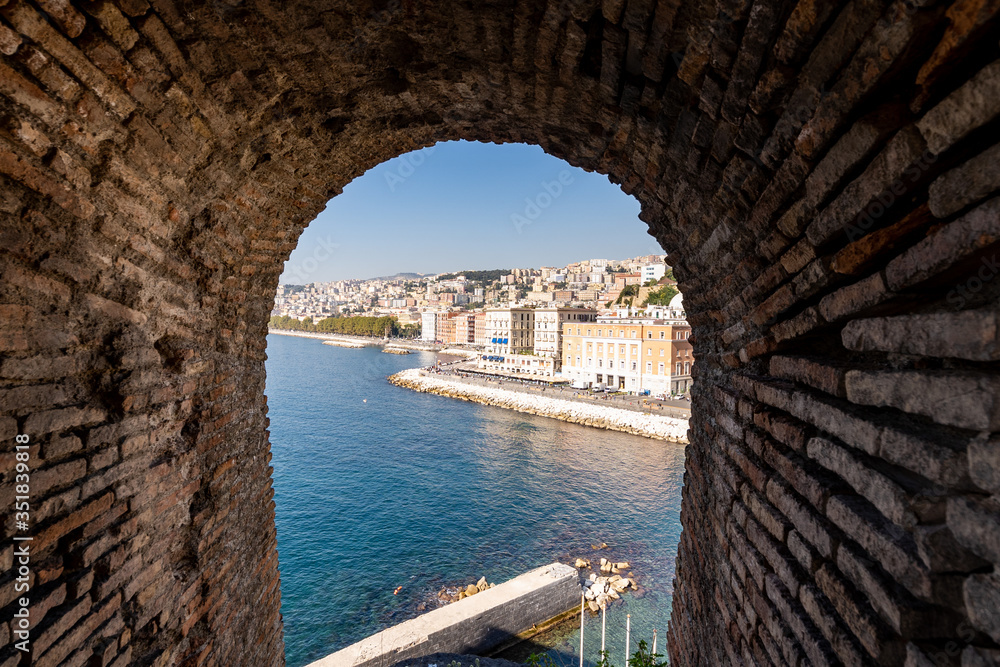 Partenope Street in the Naples Bay. Seafront view from the windows of egg castle, Castel dell'ovo, of Naples, Italy