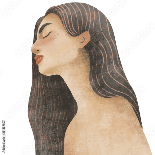 Cute face of a girl. Textural illustration of a female. Realistic woman face for creating fashion prints, postcard, wedding invitations, banners, arrangement illustrations, books, covers.