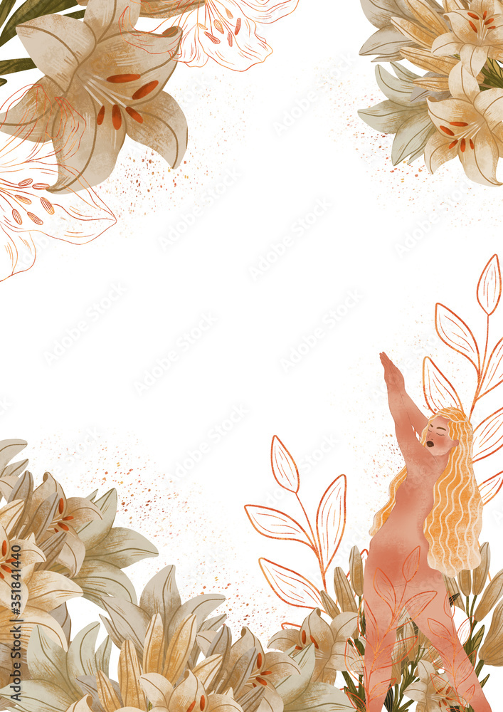 Woman body. Raster textural illustration of a female and flowers. Template for creating fashion prints, postcard, wedding invitations, banners, arrangement illustrations, books, covers. Woman body. Raster textural illustration of a female and flowers. Template for creating fashion prints, postcard, wedding invitations, banners, arrangement illustrations, books, covers.