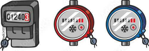 Counter on a white background. Electricity, hot and cold water meter with seal. Vector illustration