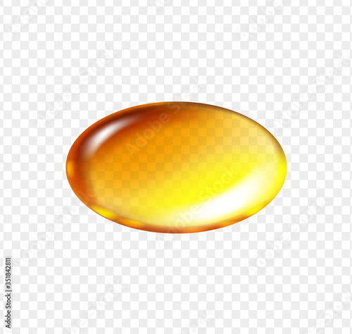 Gold fish oil oval pill. Vitamin E, A or omega 3 oil cosmetic capsule. Golden jelly fish oil tablet. Vector realistic