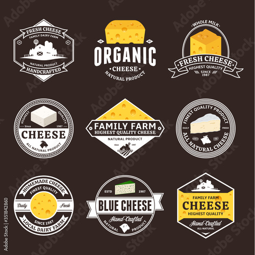 Set of vector cheese vintage badges and icons on a brown background for dairies and cheese packaging and branding design