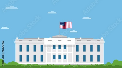 White house with the US flag. Flat-style animation. Looped video footage. 4K. HD