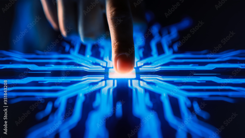 Digitalization Concept: Human Finger Pushes Touch Screen Button and Activates Futuristic Artificial Intelligence. Visualization of Machine Learning, AI, Computer Technology Merge with Humanity Digitalization Concept: Human Finger Pushes Touch Screen Button and Activates Futuristic Artificial Intelligence. Visualization of Machine Learning, AI, Computer Technology Merge with Humanity