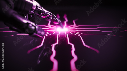 Vászonkép Cyber Security Hacking Concept: Rogue Artificial Intelligence Robot Hand Touches Screen and Creates Computer Virus
