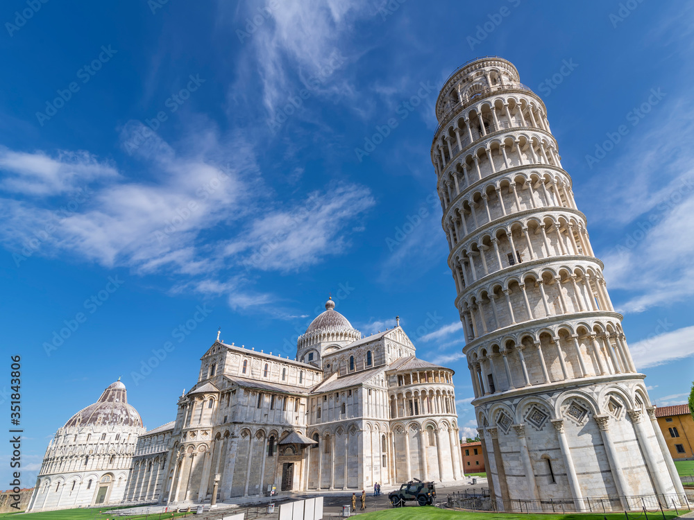 The famous Piazza dei Miracoli square and the leaning tower, in the historic center of Pisa, Italy, completely deserted due to the Covid-19 coronavirus pandemic