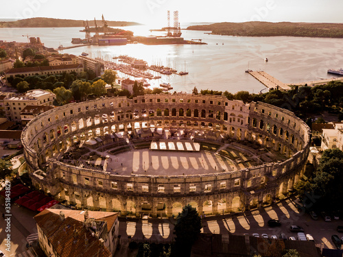 Aerial view of Pula Arena in the light of sunset