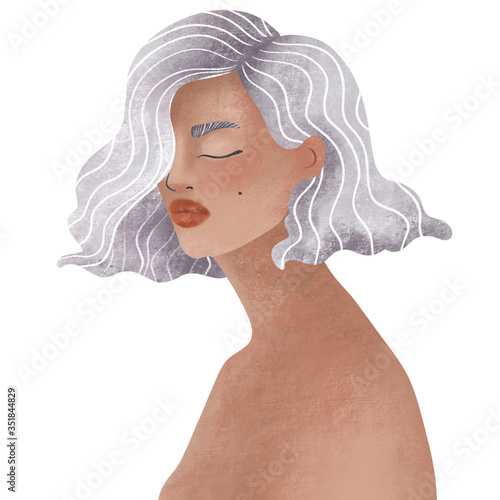 Cute face of a girl. Textural illustration of a female. Realistic woman face for creating fashion prints, postcard, wedding invitations, banners, arrangement illustrations, books, covers.