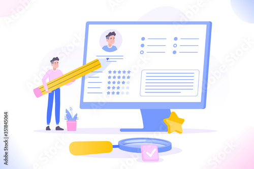 CV or resume concept. Young man filling out resume form on huge monitor and looking for job. Filling details into resume, hiring employees. Looking for job, unemployment concept, vector illustration