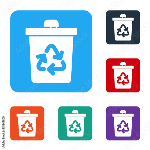 White Recycle bin with recycle symbol icon isolated on white background. Trash can icon. Garbage bin sign. Recycle basket sign. Set icons in color square buttons. Vector Illustration