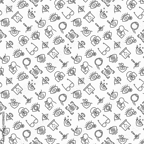 Ophthalmology seamless pattern with thin line icons: laser eye surgery, eye test, eye drops, contact lenses, cataract, astigmatism, phoropter, autorefractometer, farsightedness. Vector illustration.