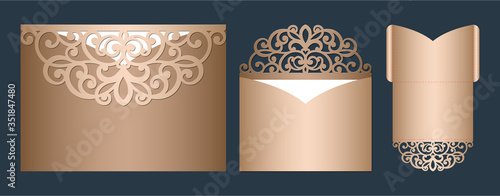 Laser cut wedding invitation template vector. Wedding openwork pocket envelope with abstract cutting ornament. Suitable for greeting cards, invitations, menus.