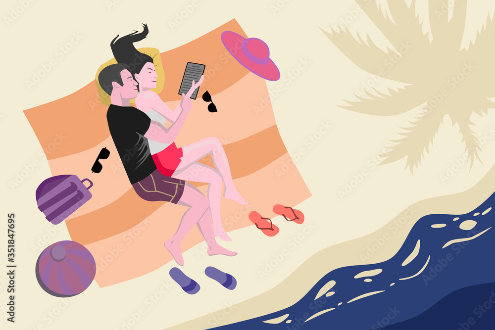 Couple lying on the beach hugging top view a vector illustration