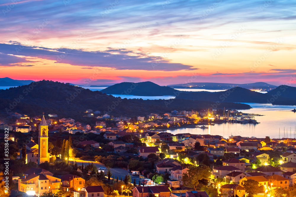 Murter island. Colorful sunset in town of Murter archipelago view, tourist destination in Dalmatia