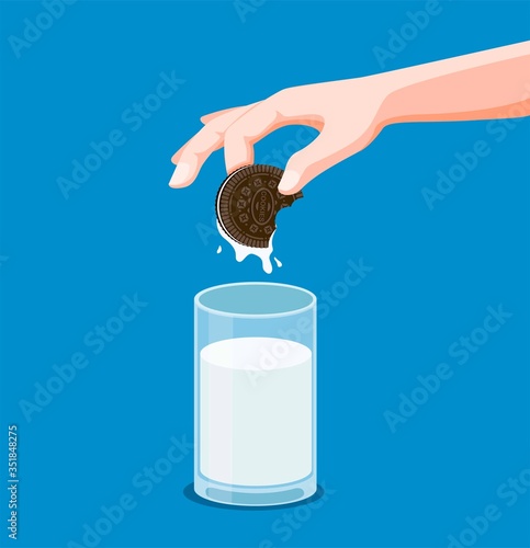Cookies sandwich chocolate with milk, hand dipping cookies to fresh milk in cartoon flat illustration vector in blue background