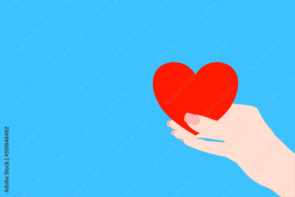 Woman hand is holding a red heart on the blue background. Motherhood, Encourage, giving, charity, donate, hospital, medical concept. Woman hand is holding a red heart on the blue background. Motherhood, Encourage, giving, charity, donate, hospital, medical concept.