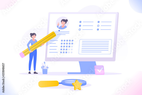 CV or resume concept. Young woman filling out resume form on huge monitor and looking for job. Filling details into resume, hiring employees. Looking for job, unemployment concept, vector illustration