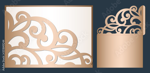 Laser cut wedding invitation template vector. Wedding openwork pocket envelope with abstract cutting ornament. Suitable for greeting cards, invitations, menus.