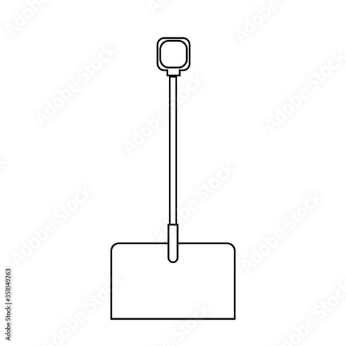 Black and white icon of a beautiful construction shovel with a wooden handle for snow removal. Garden snowblower on a white background. Vector illustration