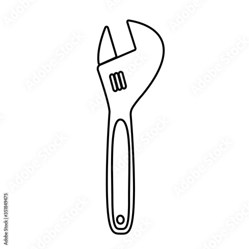 Construction black-and-white icon of a metal adjustable wrench with an adjustable diameter designed to loosen and tighten the bolts and nuts. Construction metalwork tool. Vector illustration