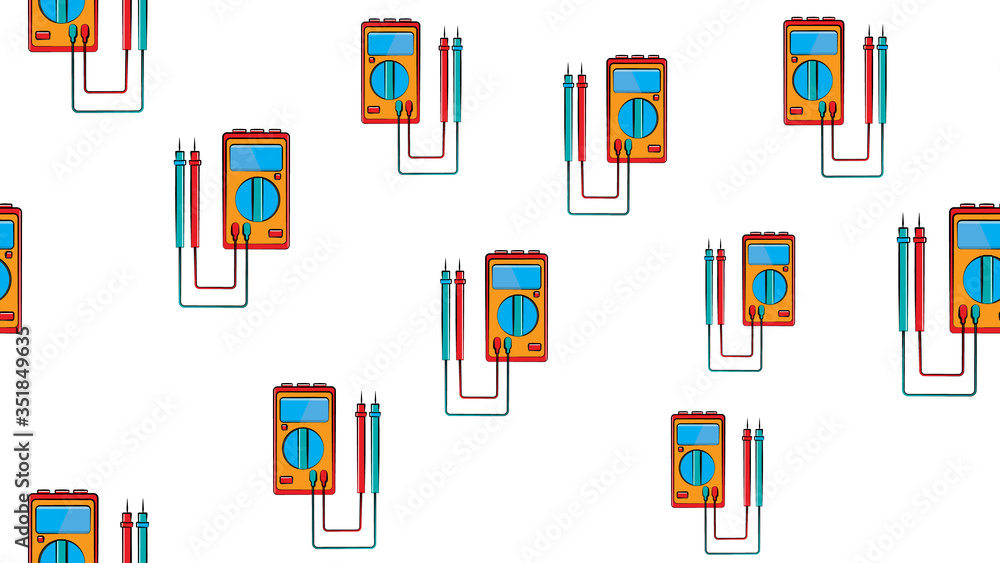 Texture, seamless pattern of red and yellow instruments for measuring the strength and voltage of electric current, multimeter, tester on a white background. Vector illustration Texture, seamless pattern of red and yellow instruments for measuring the strength and voltage of electric current, multimeter, tester on a white background. Vector illustration
