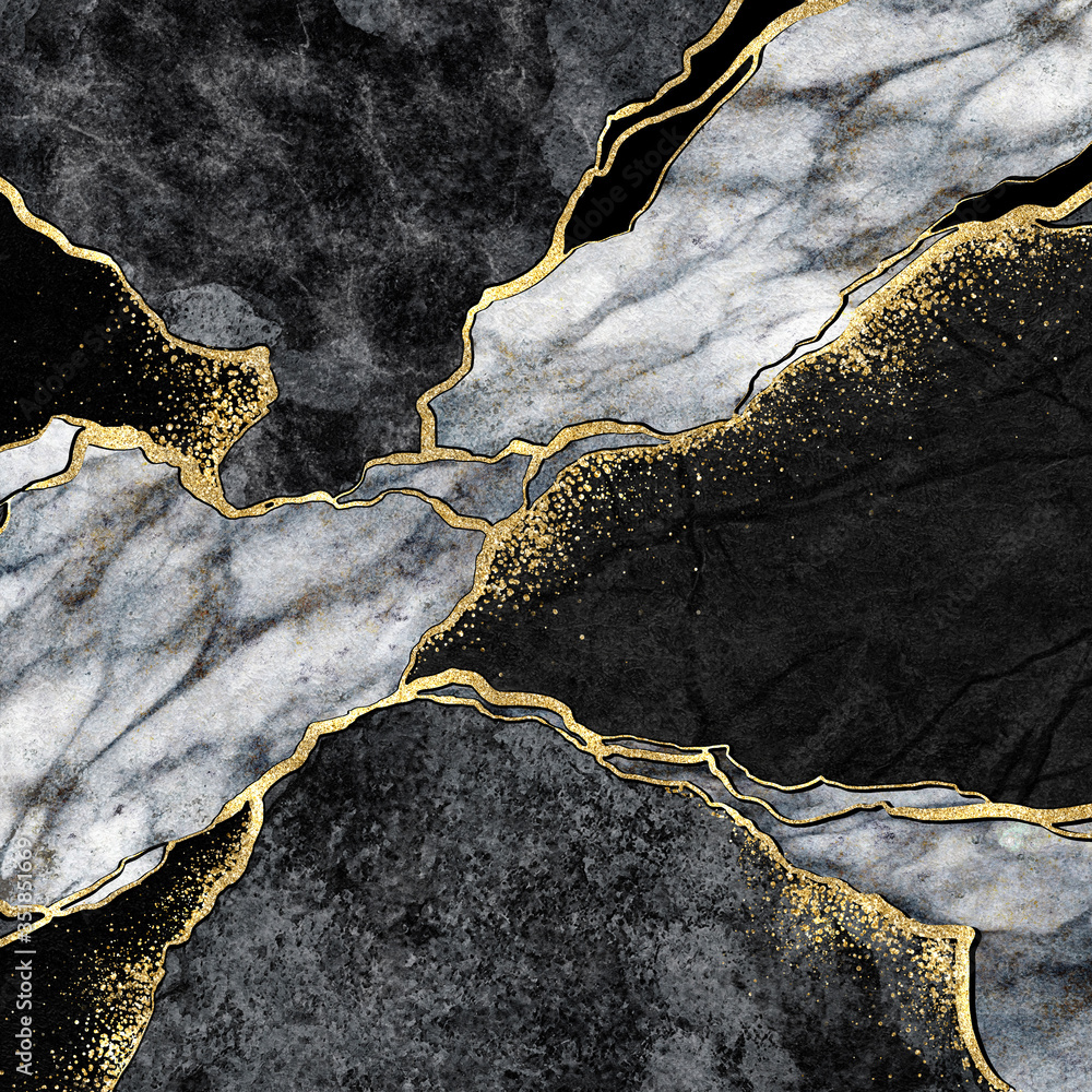Fototapeta Abstrakcyjne tło - czarno biała mozaika ze złotymi zdobieniami