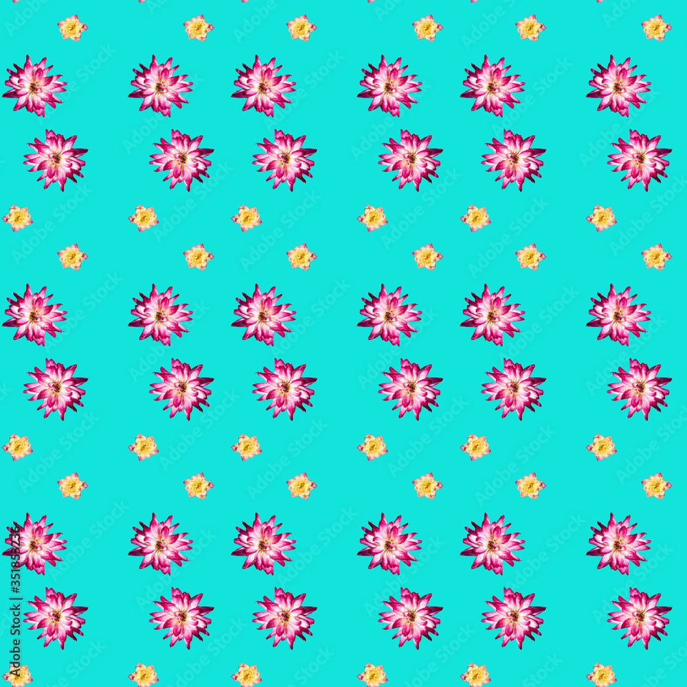 Colorful pattern with pink and yellow roses on a delicate blue background