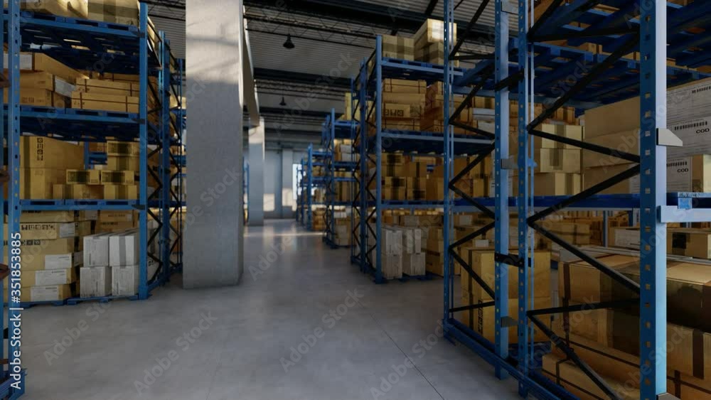 Boxes and the Racks Inside a Warehouse in Daytime 3D Rendering Boxes and the Racks Inside a Warehouse in Daytime 3D Rendering