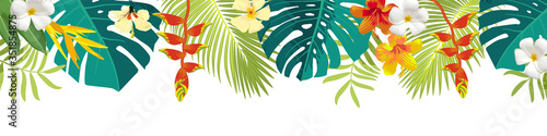Tropical leaves and flowers border. Summer floral decoration. Horizontal summertime banner. Bright jungle background. Bright colors. Caribean beach party backdrop © babayuka