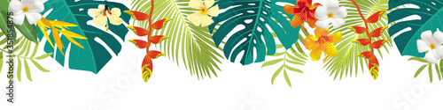 Tropical leaves and flowers border. Summer floral decoration. Horizontal summertime banner. Bright jungle background. Bright colors. Caribean beach party backdrop