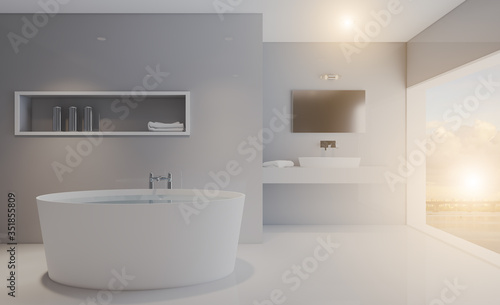 Spacious bathroom in gray tones with heated floors, freestanding tub. 3D rendering.. Sunset.