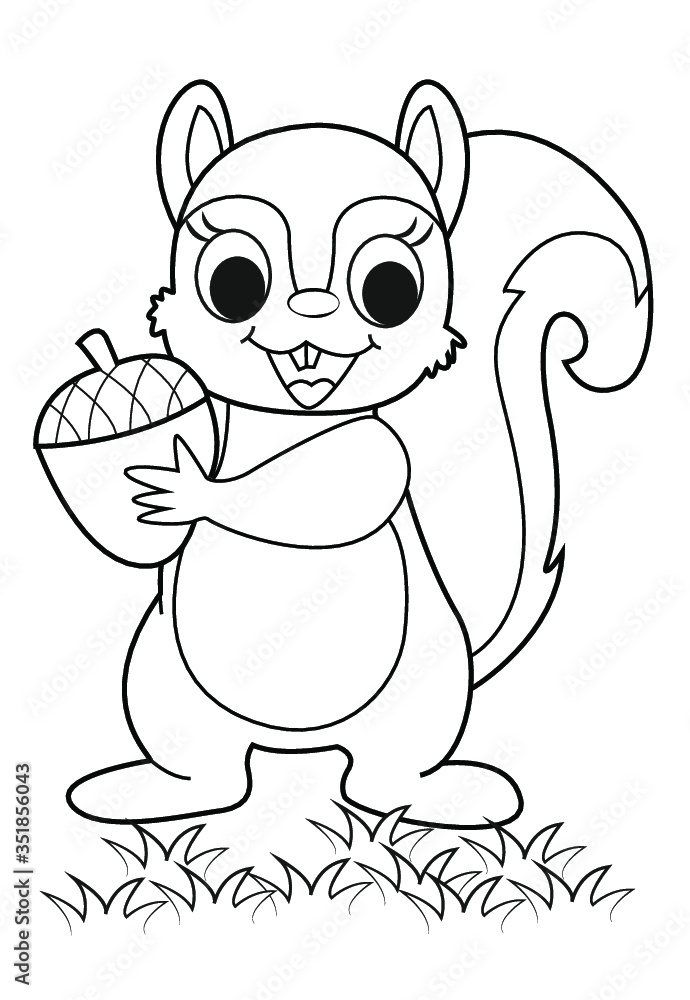 Squirrel with Acorn - Charming Black & White Outline Illustration