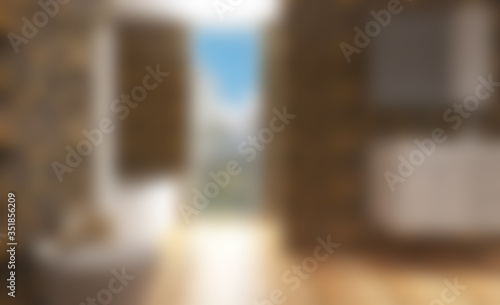 3D rendering. Large bathroom with gold tiles on the walls. Panoramic window with a view of the metropolis. Shower with glass door.. Unfocused, Blur phototography photo