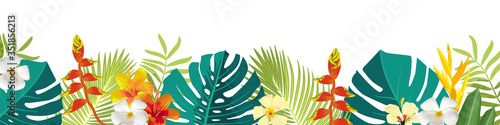 Tropical leaves and flowers border. Summer floral decoration. Horizontal summertime banner. Bright jungle background. Bright colors. Caribean beach party backdrop